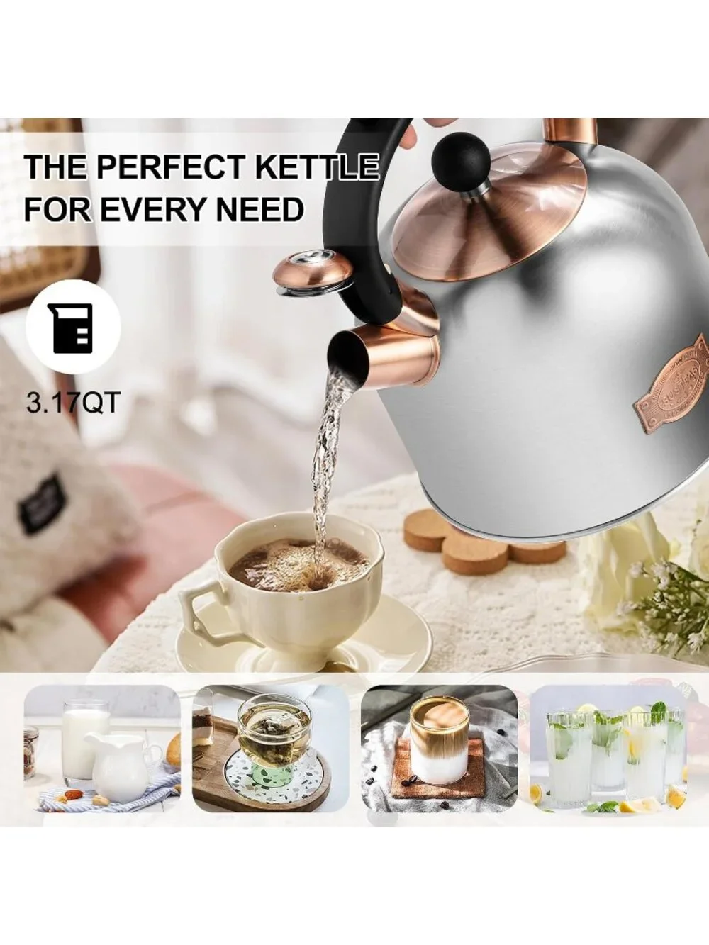 Silver Whistling Teakettle 3.17QT Stainless Steel Stovetop with Ergonomic Handle